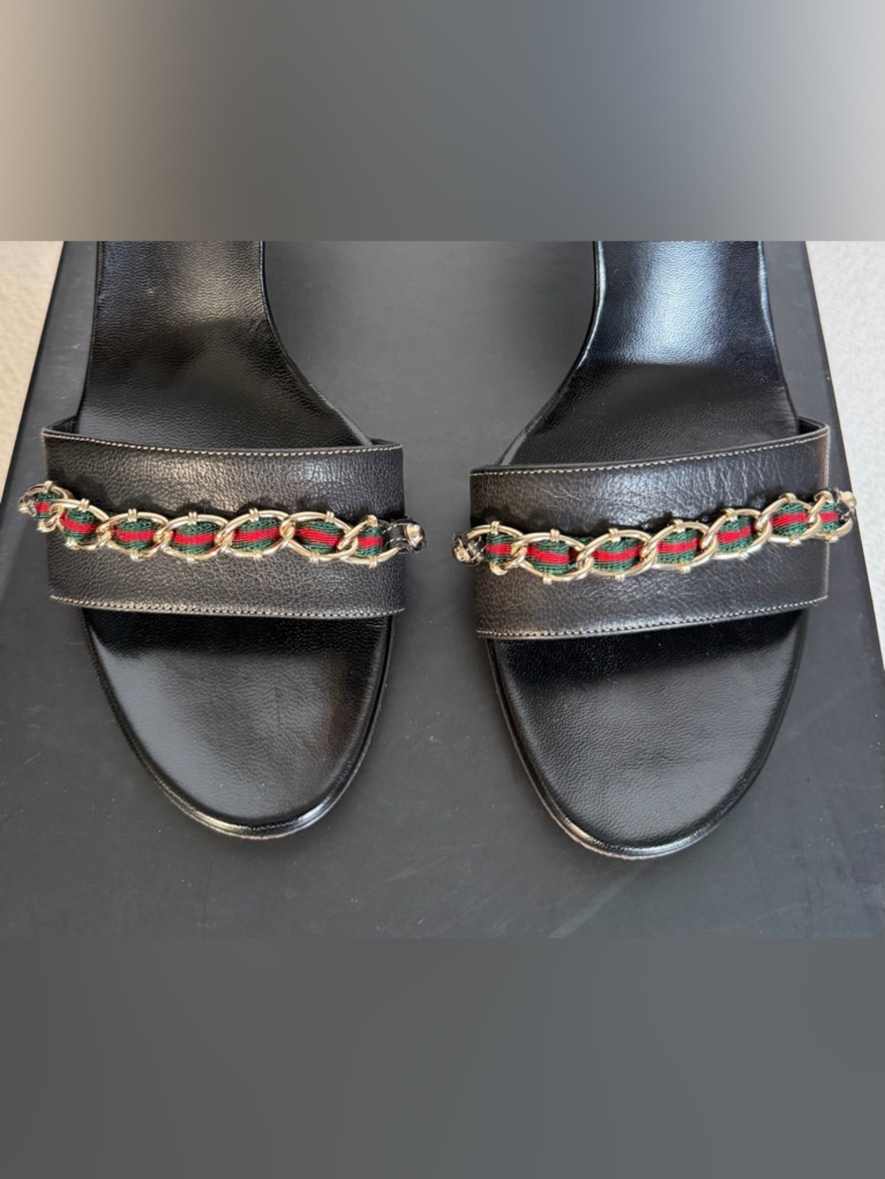 Gucci Black Leather Kitten Heel Sandals with Gold Chain Green and Red Webbing - Picture 13 of 14